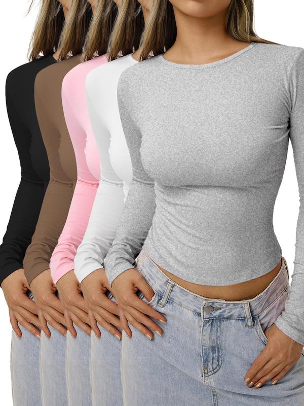 Women's Solid Long Sleeve Tee, Casual Round Neck T-shirt for Spring & Fall, Women's Top for Daily Wear