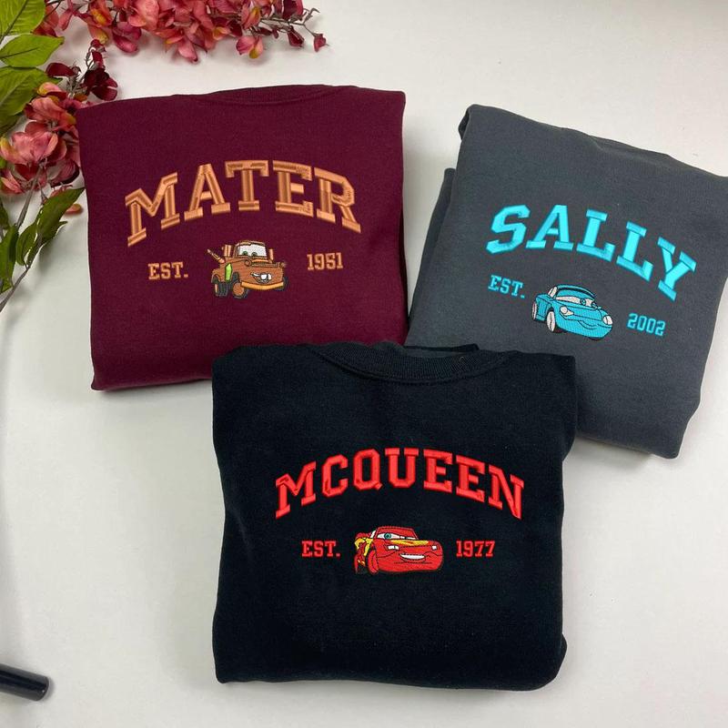 Cars Couple Embroidered Sweatshirt, Cartoon Mcqueen x Sally x Mater Embroidered Sweatshirts, Trending Crewneck, Vintage shirt, Embroidery Shirt, Gift For Him ECT003-005