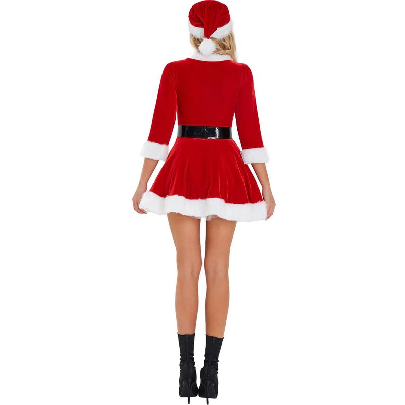 Women Christmas Dress Santa Cosplay Dress Plush Trim Velvet Round Neck 3 4 Sleeve Belt Dress with Hat Costume