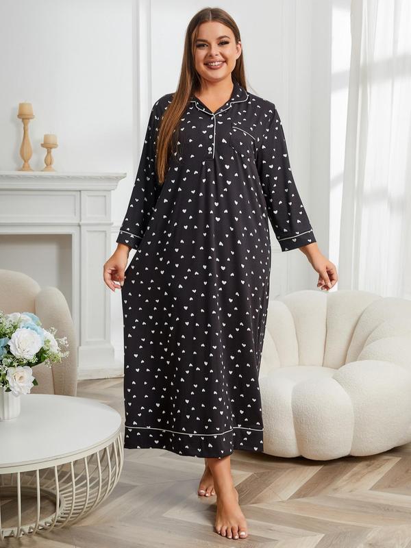 Plus Size Heart Print Pocket Button Front Nightdress, Home Wear Ideas, Casual All Over Print Collared Pajamas Dress, Comfort Homewear & Loungewear