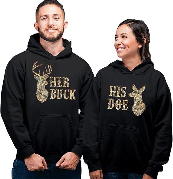 Couples Hoodies Her Buck His Doe, Deer Hunting Matching Hoodies For Couples Hoodie Unisex Fabric Cotton