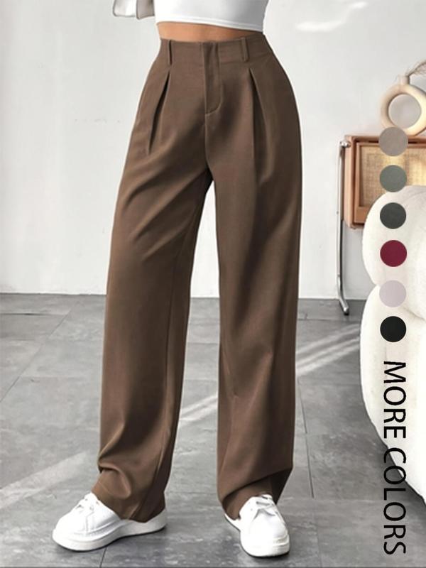 Women's Solid Color Plicated Pocket Wide Leg Pants, Elegant Aesthetic Flattering Zipper Fly High Waist Trousers for Work Office Business, Ladies Spring & Fall Clothes