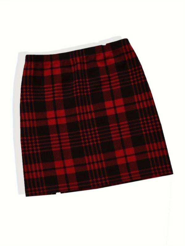 Women's Plaid Print Split Hem Bodycon Skirt, Elegant Fashion Casual Short Skirt for Daily Outdoor Wear, Women's Bottoms for Spring & Fall