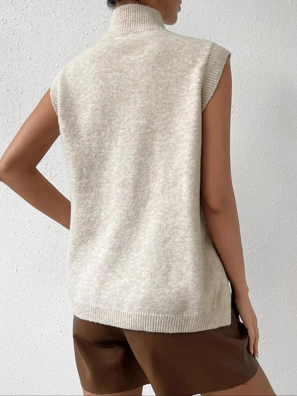 Women's Plain Split Side Sweater Vest, Casual Solid High Neck Knit Top for Fall, Fall Outfits, Fashion Ladies' Fall Knitwear for Daily Wear, Downtown Girl Clothes