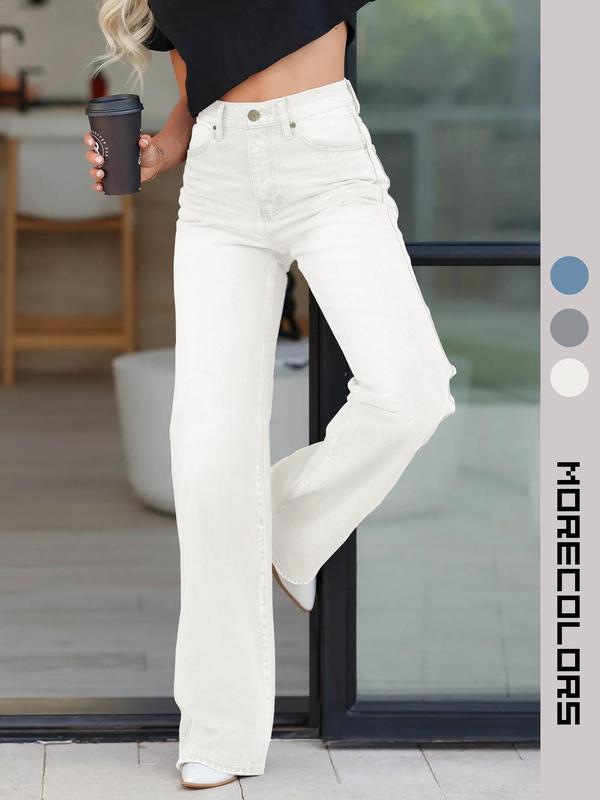 Women's Plain High Waist Flap Pocket Straight Leg Pants, Casual Button Fly Zipper Design Pants for Fall & Winter, Women's Trousers for Daily Wear