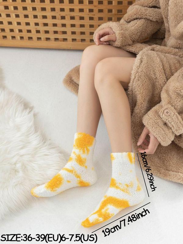 Women's Tie Dye Print Coral Fleece Crew Socks, Casual Soft Comfortable Fuzzy Floor Socks for Fall & Winter, Women's Warm Socks for Daily Wear