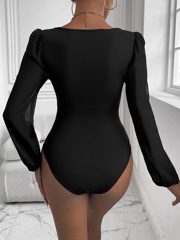 Women's Contrast Mesh Notched Neck Bodysuit, Elegant Bishop Sleeve Bodysuit for Spring & Fall, Ladies Clothes for Daily Wear