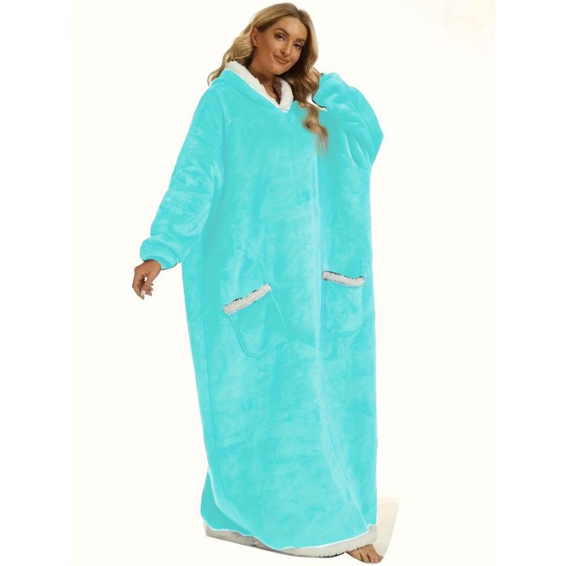 Plus Size Womens Flannel Loungewear Robe - Super Soft Hooded Wearable Blanket with Pockets for Cozy Casual Days