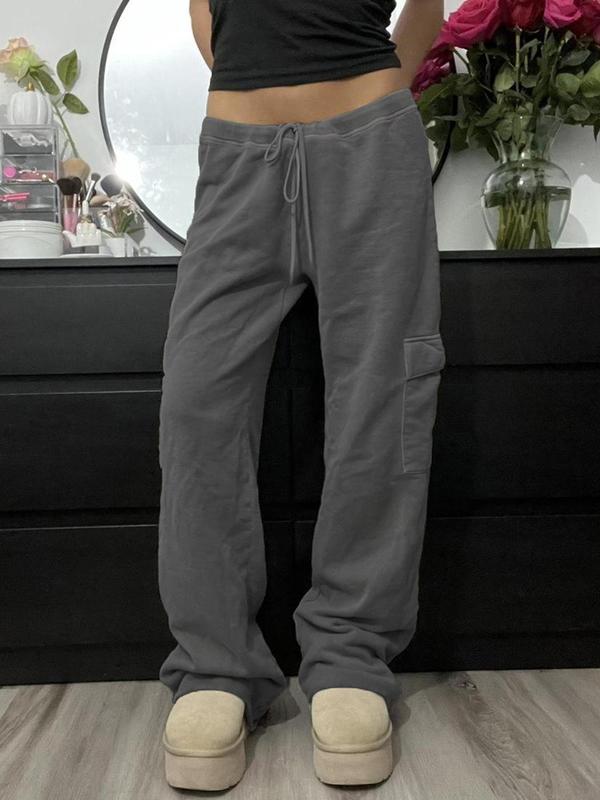 Women's Plain Drawstring Waist Pocket Sweatpants, Casual Street  Pants for Daily Wear, Ladies Bottoms for Fall & Winter