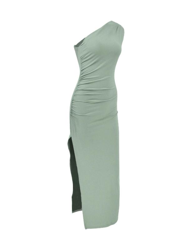 Women's Plain Ruched Split Thigh Bodycon Dress, Elegant Asymmetrical Neck Long Sleeve Evening Party Gown, Ladies Clothes for All Seasons