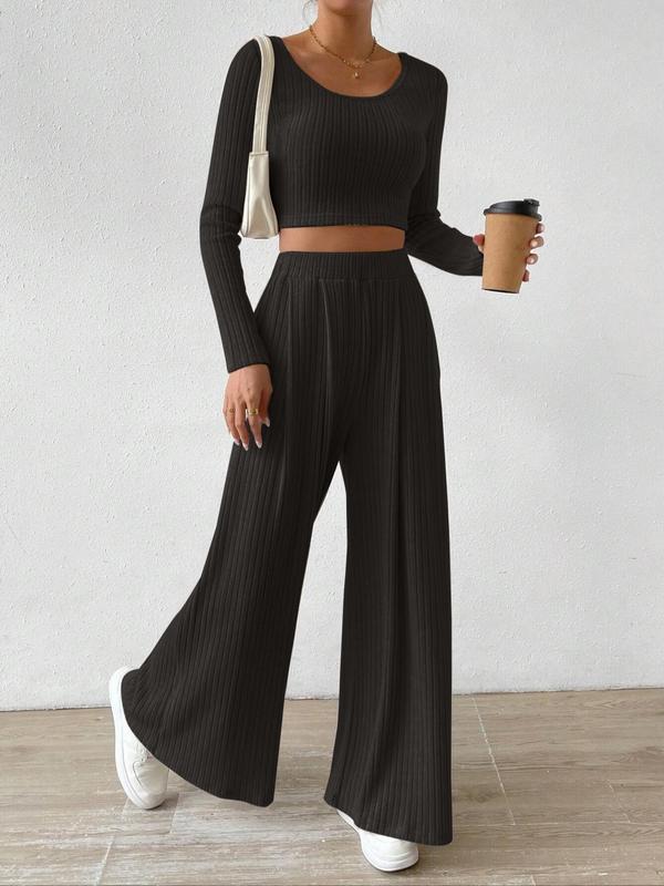 Women's Solid Ribbed Crop Tee & Wide Leg Pants Two-Piece Set, Casual Long Sleeve Scoop Neck Top & High Waist Trousers for Fall & Winter, Women's Clothes for Daily Wear