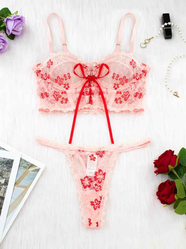 Women's Floral Contrast Lace Underwire Bra & Thong Set, Elegant Tie Front Design Romantic Bra & Panty Set, Lingerie Set for Women