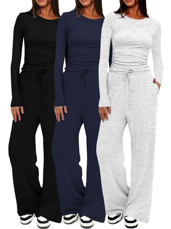 Women's Solid Ruched Drawstring Lounge Set, Casual Long Sleeve Round Neck Top & Elastic Waist Pants, Ladies Sleepwear for All Seasons