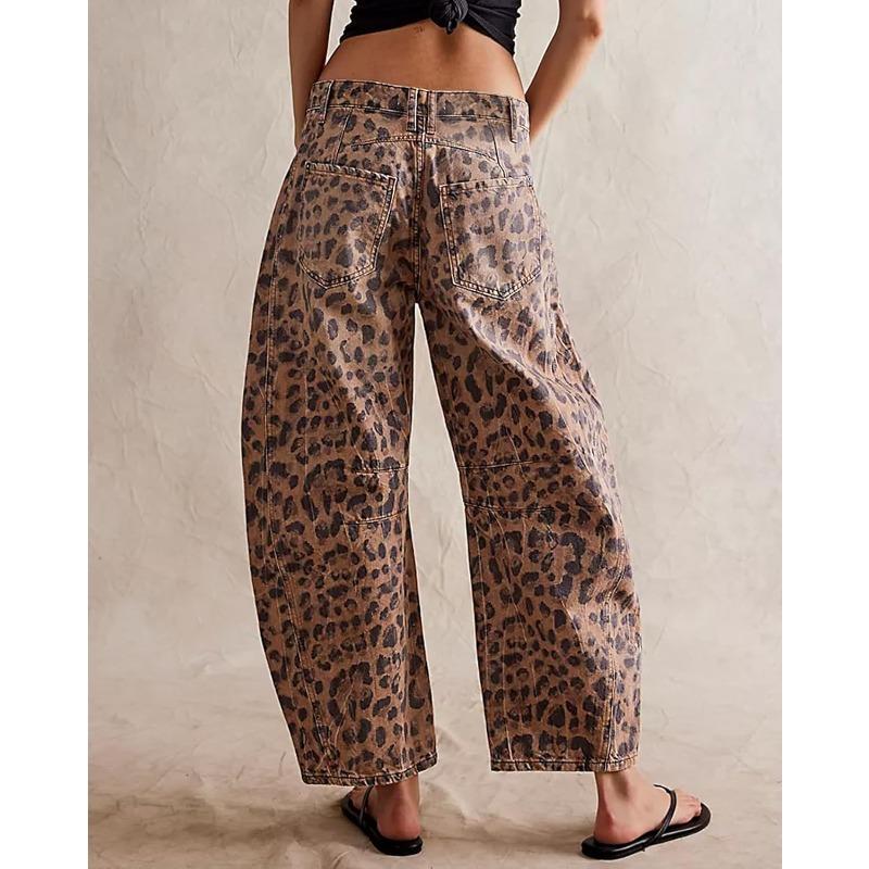 Women's Baggy Barrel Jeans Casual Boyfriend Mid Rise Leopard Printed Wide Leg Denim Ankle Pants casual jean wide leg jeans