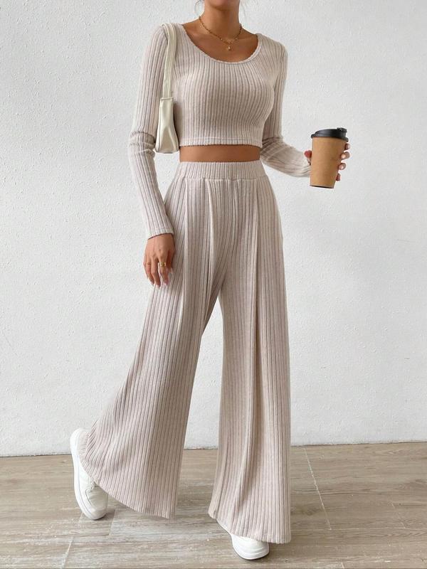 Women's Solid Ribbed Crop Tee & Wide Leg Pants Two-Piece Set, Casual Long Sleeve Scoop Neck Top & High Waist Trousers for Fall & Winter, Women's Clothes for Daily Wear