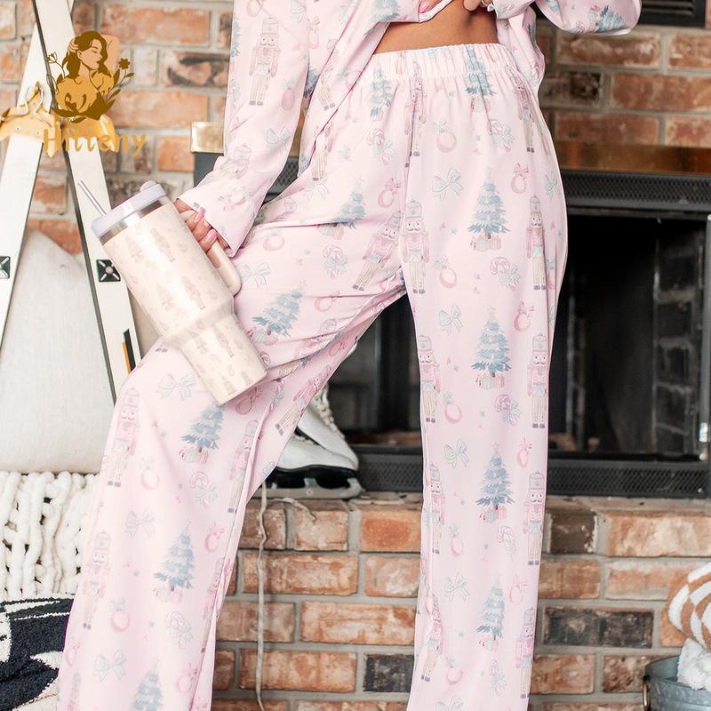 Women Christmas Pajamas Lounge Set Santa Christmas Tree Print Long Sleeve Tops and Pants 2 Piece Loungewear Outfits Nightwear Womenswear