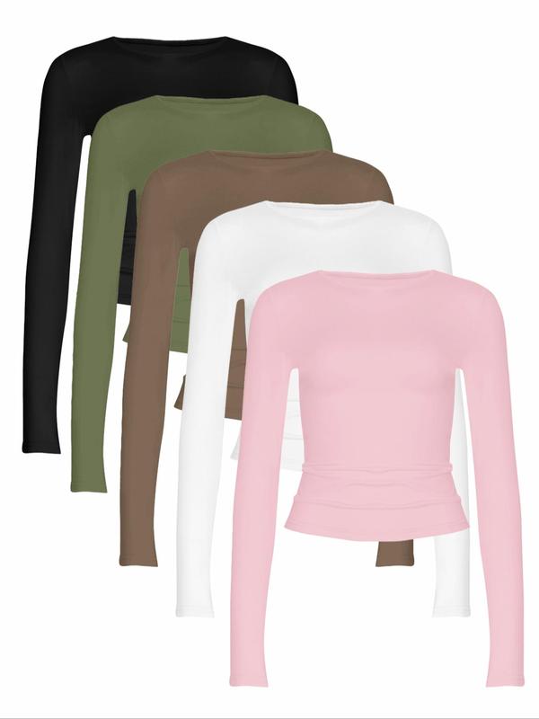 Women's Solid Long Sleeve Tee, Casual Round Neck T-shirt for Spring & Fall, Women's Top for Daily Wear