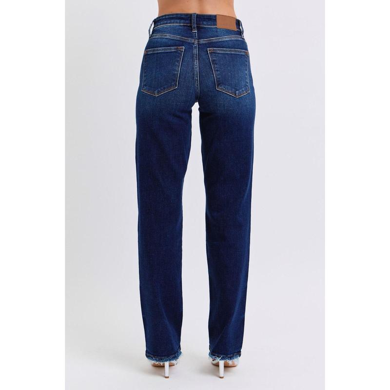 JUDY BLUE MID RISE STRAIGHT LEG JEANS W  FRAY HEM