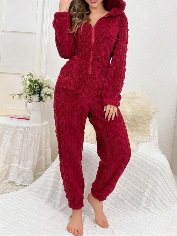 Women's Solid Color Half Zip Hooded Pajama Onesie, Casual Long Sleeve Pocket Design Sleep Jumpsuit for Fall & Winter,  Pajama Sets Women, Women's Sleepwear for Indoor Wear