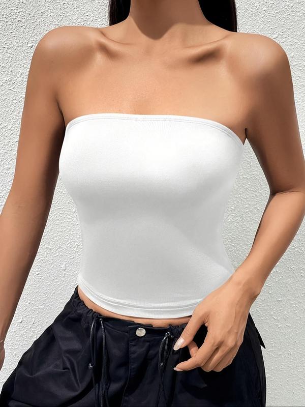 Women's Solid Color Strapless Tube Top, Casual Fashion Short Top for Summer, Ladies Clothes for Daily Wear