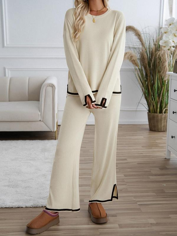 Two-Piece Set Women's Contrast Binding Split Hem Top & Wide Leg Pants, Casual Long Sleeve Round Neck Top & Trousers Set for Fall & Winter, Women's Sleepwear for Indoor Wear