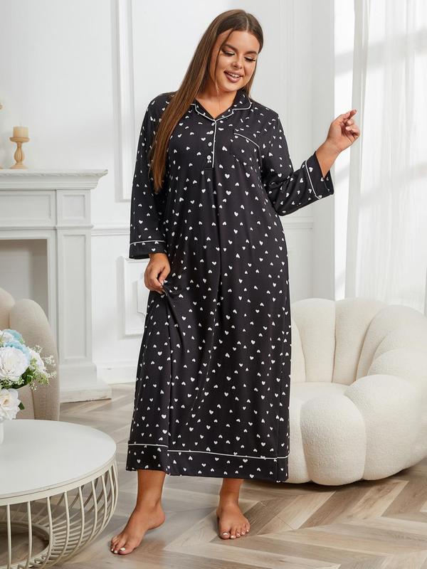 Plus Size Heart Print Pocket Button Front Nightdress, Home Wear Ideas, Casual All Over Print Collared Pajamas Dress, Comfort Homewear & Loungewear