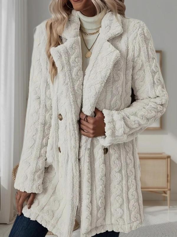 Women's Solid Double Button Lapel Faux Fur Coat, Elegant Long Sleeve Warm Outerwear for Fall & Winter, Women's Clothing for Daily Wear