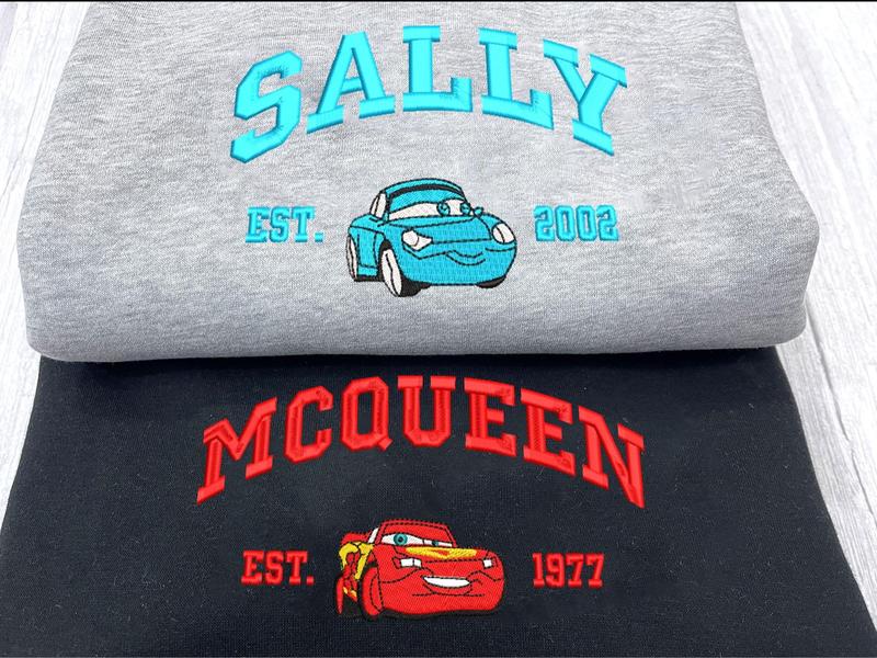 Cars Couple Embroidered Sweatshirt, Cartoon Mcqueen x Sally x Mater Embroidered Sweatshirts, Trending Crewneck, Vintage shirt, Embroidery Shirt, Gift For Him ECT003-005