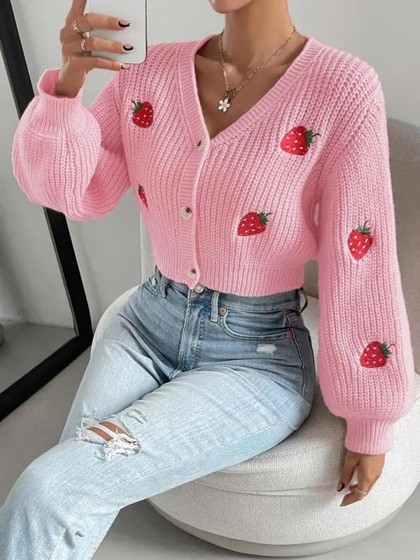 Women's Strawberry Embroidery Button Front Crop Cardigan, Casual V Neck Lantern Sleeve Knitwear for Spring & Fall, Fashion Women's Knit Clothing for Daily Wear