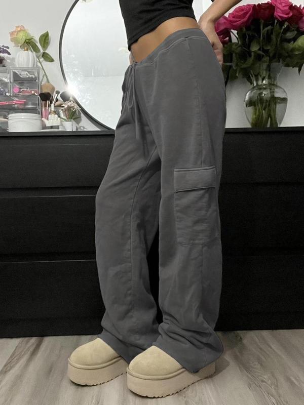 Women's Plain Drawstring Waist Pocket Sweatpants, Casual Street  Pants for Daily Wear, Ladies Bottoms for Fall & Winter