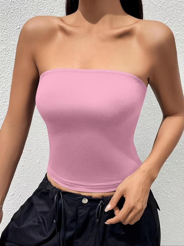 Women's Solid Color Strapless Tube Top, Casual Fashion Short Top for Summer, Ladies Clothes for Daily Wear