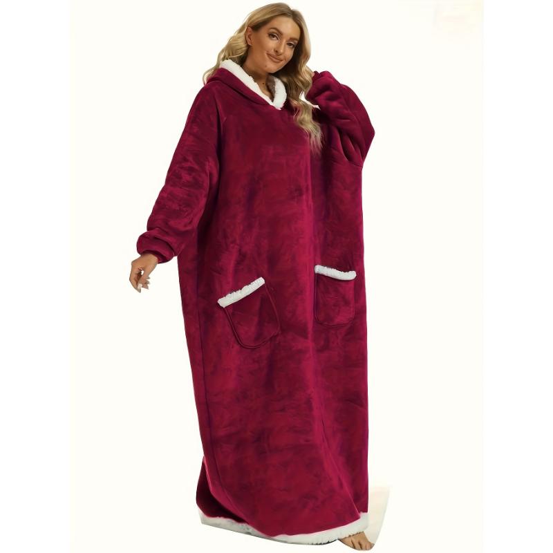 Plus Size Womens Flannel Loungewear Robe - Super Soft Hooded Wearable Blanket with Pockets for Cozy Casual Days