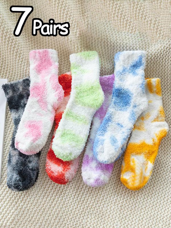 Women's Tie Dye Print Coral Fleece Crew Socks, Casual Soft Comfortable Fuzzy Floor Socks for Fall & Winter, Women's Warm Socks for Daily Wear