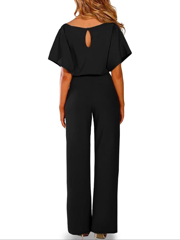 Women's Solid Belted Batwing Sleeve Wide Leg Jumpsuit, Casual Keyhole Neckline Jumpsuit for Summer, Ladies Clothes for Daily Wear