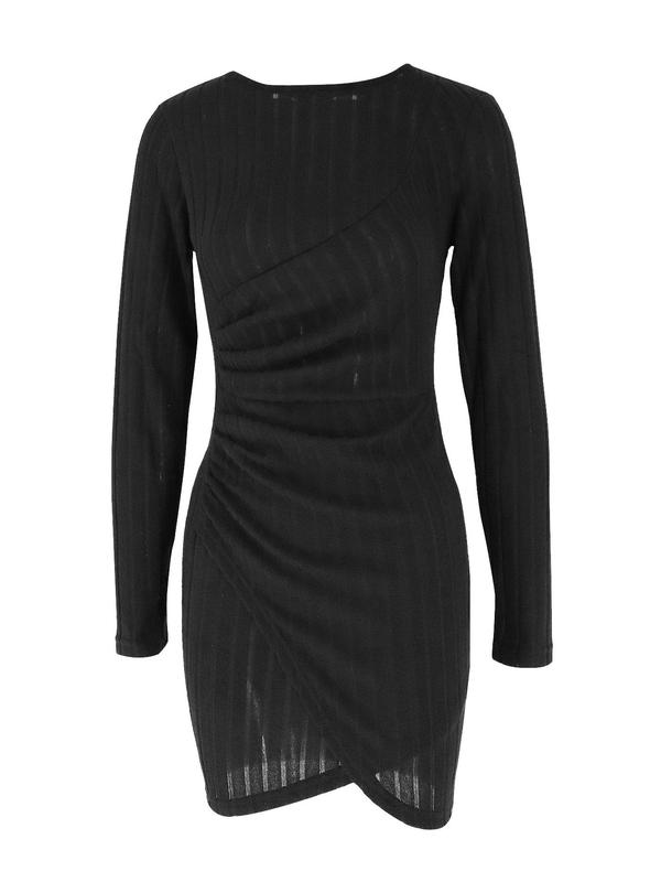 Women's Plain Ruched Wrap Bodycon Dress, Elegant Long Sleeve Round Neck Short Dress for Party Club Dating Wear, Women's Clothing for Fall & Winter