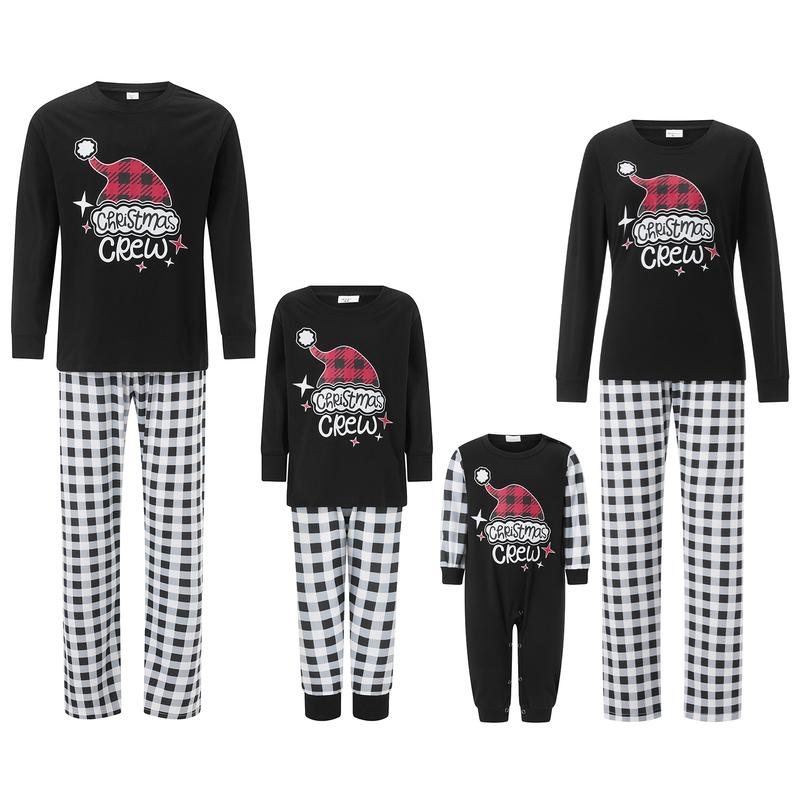 Christmas Pajamas for Family Long Sleeve Santa Hat Print Tops + Stripes Pants Set Holiday Sleepwear