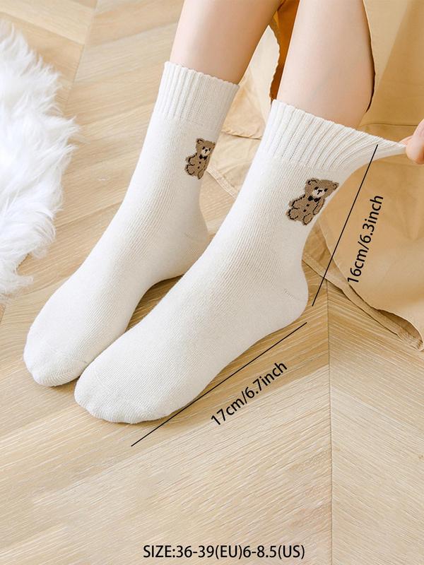 Women's 5 Pairs Cartoon Bear Print Crew Socks, Cute Cozy Warm Socks for Spring & Fall, Women's Socks & Hosiery for Daily Wear, Cold Weather Gear, Teen Girl Stocking Stuffers