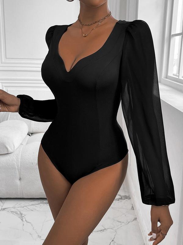 Women's Contrast Mesh Notched Neck Bodysuit, Elegant Bishop Sleeve Bodysuit for Spring & Fall, Ladies Clothes for Daily Wear