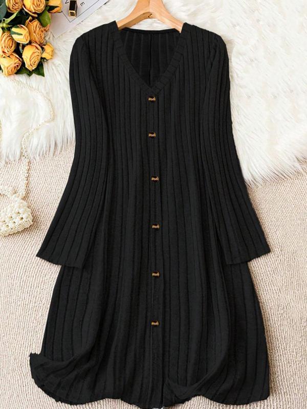  Solid Button Front Ribbed V Neck Dress, Casual Long Sleeve Dress for Fall & Winter, Women's Clothes for Daily Wear