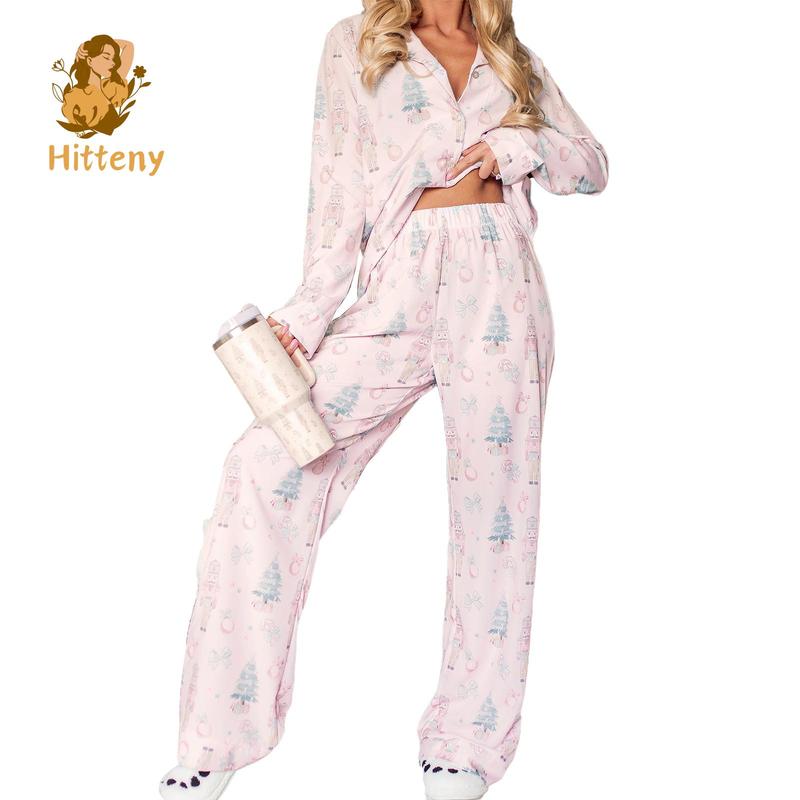 Women Christmas Pajamas Lounge Set Santa Christmas Tree Print Long Sleeve Tops and Pants 2 Piece Loungewear Outfits Nightwear Womenswear