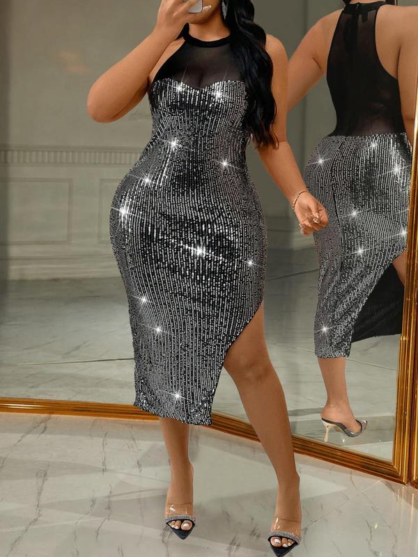 Plus Size Glitter Sequin Mesh Insert Split Thigh Halter Bodycon Dress, Sexy Elegant Sleeveless Asymmetrical Hem Midi Dress for Party Dating Club Wear, Women's Plus Size Clothes for Summer