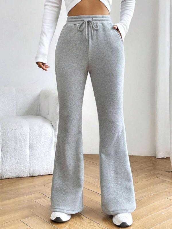 Women's Solid Drawstring Waist Flare Leg Pants, Casual Pocket Design Bell Bottom Trousers for Fall & Winter, Women's Bottoms for Daily Wear