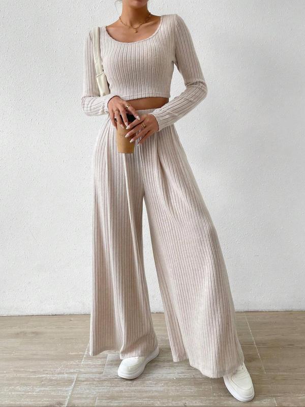 Women's Solid Ribbed Crop Tee & Wide Leg Pants Two-Piece Set, Casual Long Sleeve Scoop Neck Top & High Waist Trousers for Fall & Winter, Women's Clothes for Daily Wear