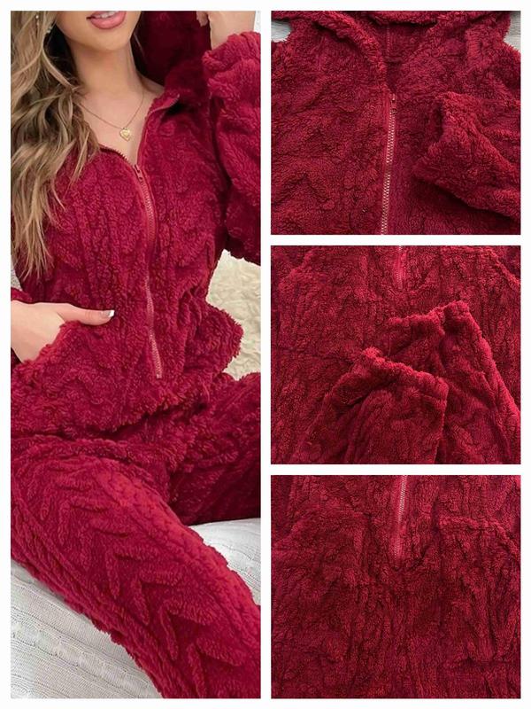 Women's Solid Color Half Zip Hooded Pajama Onesie, Casual Long Sleeve Pocket Design Sleep Jumpsuit for Fall & Winter,  Pajama Sets Women, Women's Sleepwear for Indoor Wear