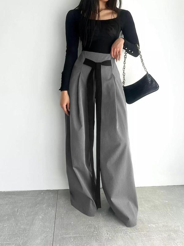 Women's Solid Tie Front Plicated Wide Leg Pants, Casual Comfy Trousers for Work Office Business, Ladies Bottoms for All Seasons