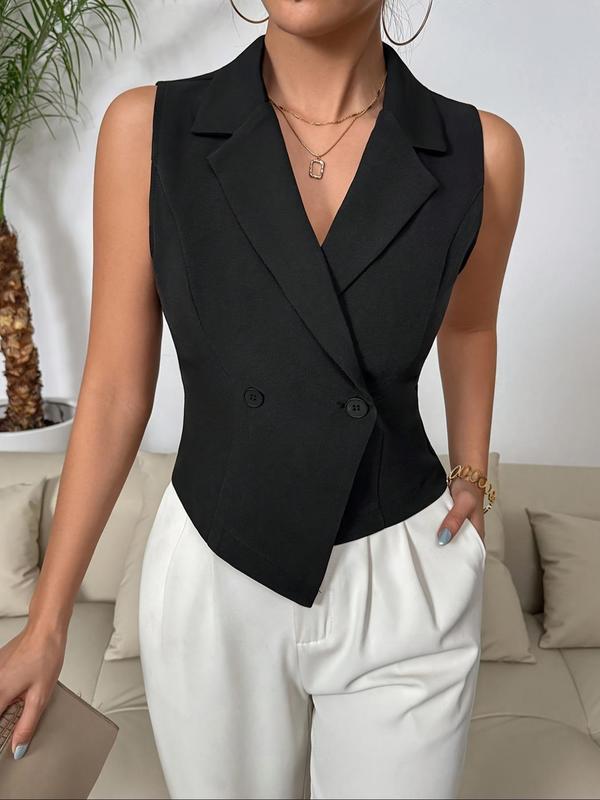 Women's Solid Double Button Lapel Vest Blazer, Casual Sleeveless Outerwear for Daily Wear, Ladies Clothes for All Seasons