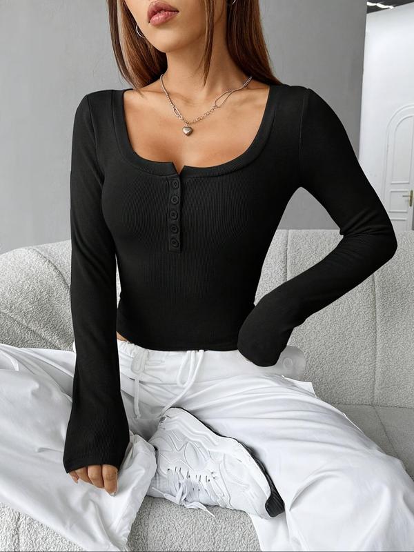 Women's Plain Half Button Front Long Sleeve Crop Tee, Casual Solid Scoop Neck T-Shirt for Fall, Women's Top for Daily Wear, Downtown Girl Clothes