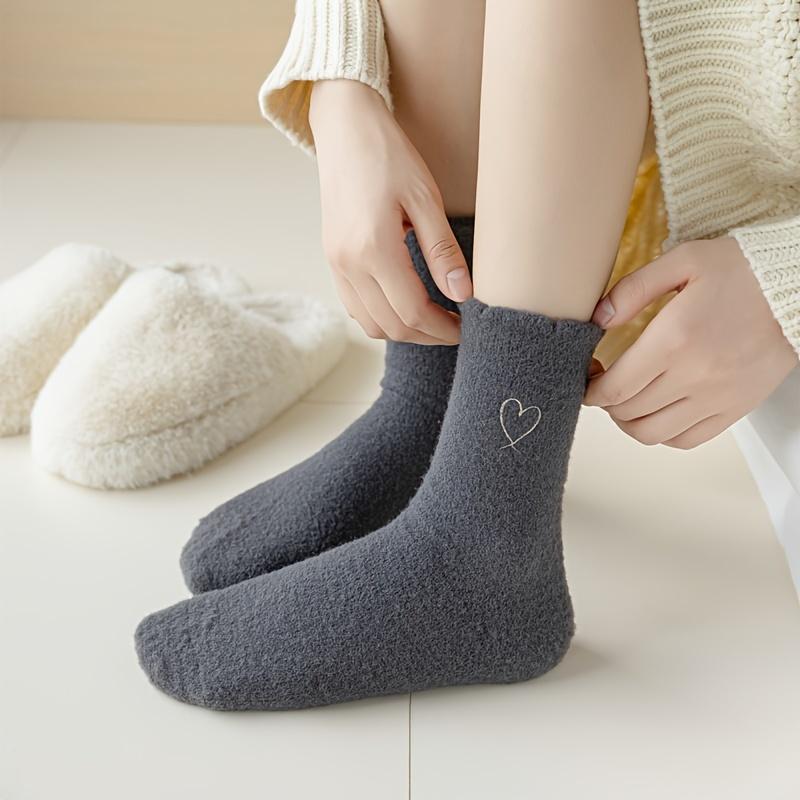 6 Pairs Heart Embroidery Socks, Comfy & Warm Fuzzy Socks, Women's Stockings & Hosiery