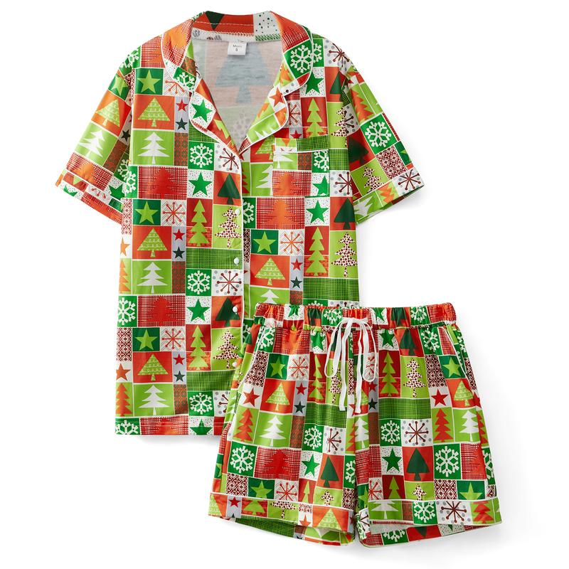 Christmas Family Pajamas Matching Set Christmas Tree Candy Print Tops and Drawstring Shorts Sleepwear