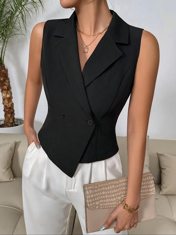 Women's Solid Double Button Lapel Vest Blazer, Casual Sleeveless Outerwear for Daily Wear, Ladies Clothes for All Seasons